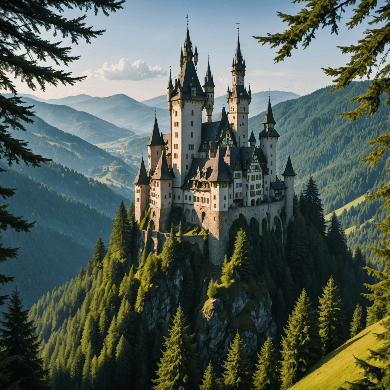 Majestätisches Schloss im Schwarzwald, umgeben von dichten Tannenwäldern und nebligen Bergen. Die Architektur zeigt gotische Türme und Renaissance-Elemente, die sich harmonisch in die mystische Landschaft einfügen.