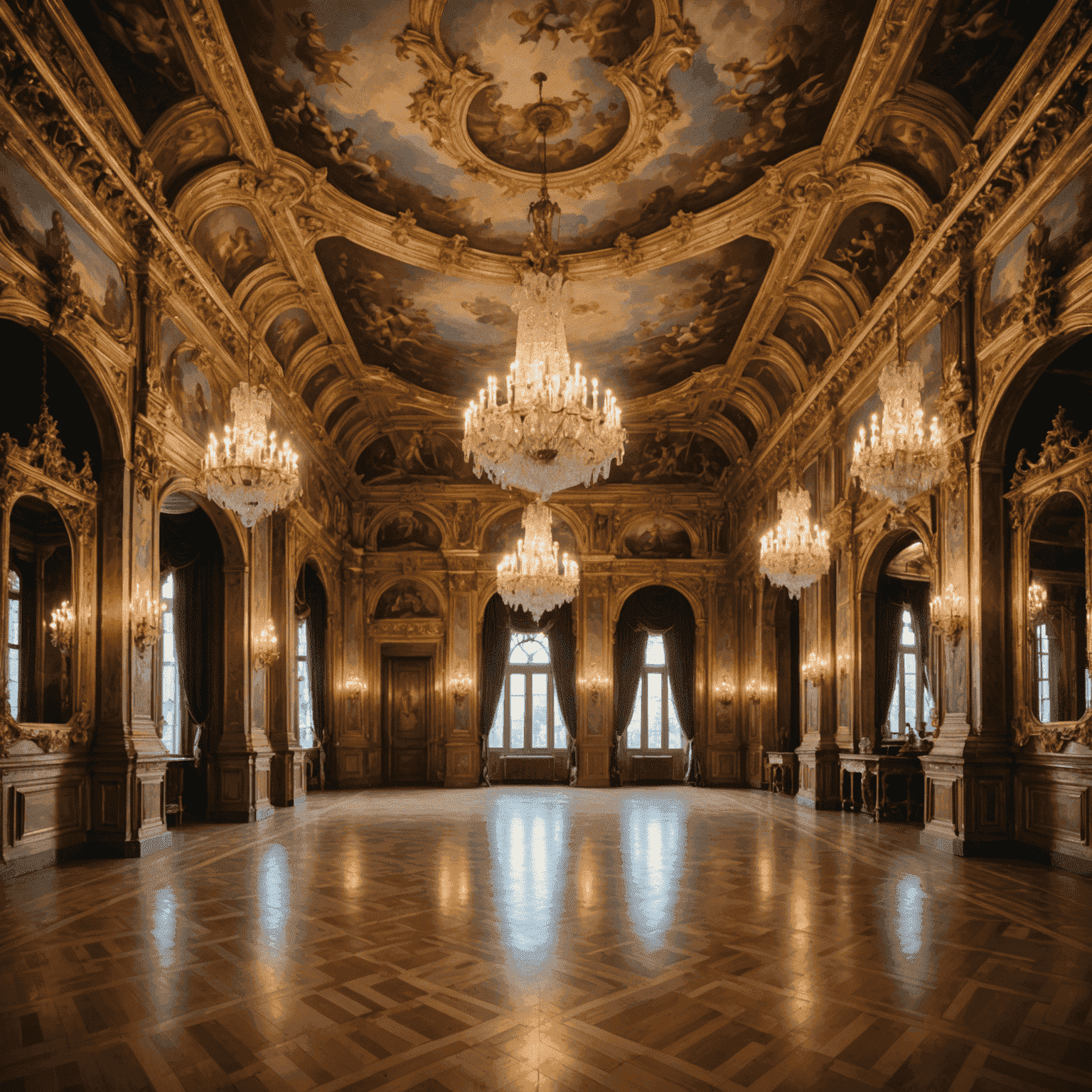 Prunkvoller Ballsaal eines Schlosses mit kristallenen Kronleuchtern, goldverzierten Spiegeln und einem glänzenden Parkettboden. Die Decke ist mit aufwendigen Fresken geschmückt.