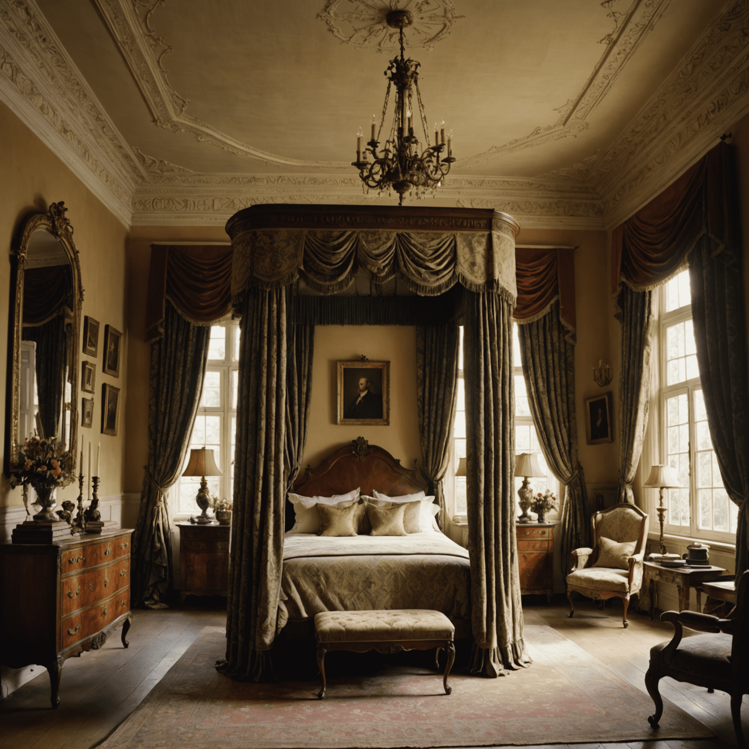 Elegantes Schlafgemach mit einem imposanten Himmelbett, antiken Möbeln und schweren Samtvorhängen. Durch große Bogenfenster fällt sanftes Licht auf kunstvoll gewebte Wandteppiche.